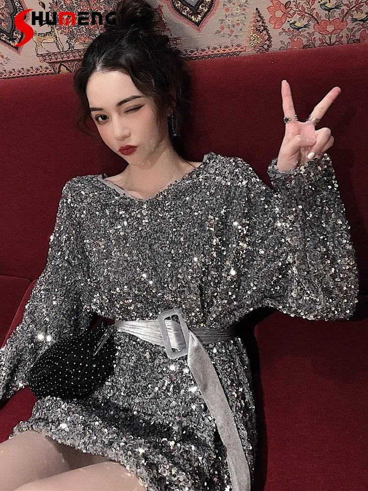

Korean-Style Sweet Lace-up Waist Slimming Sequined Mini Dress Women Temperament Autumn New Streetwear Nightclub Sequins Dress