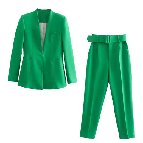 Женские костюмы весна-осень 2022, зеленый однотонный длинный женский блейзер с подкладкой и поясом и отложным воротником, шикарный женский пи...