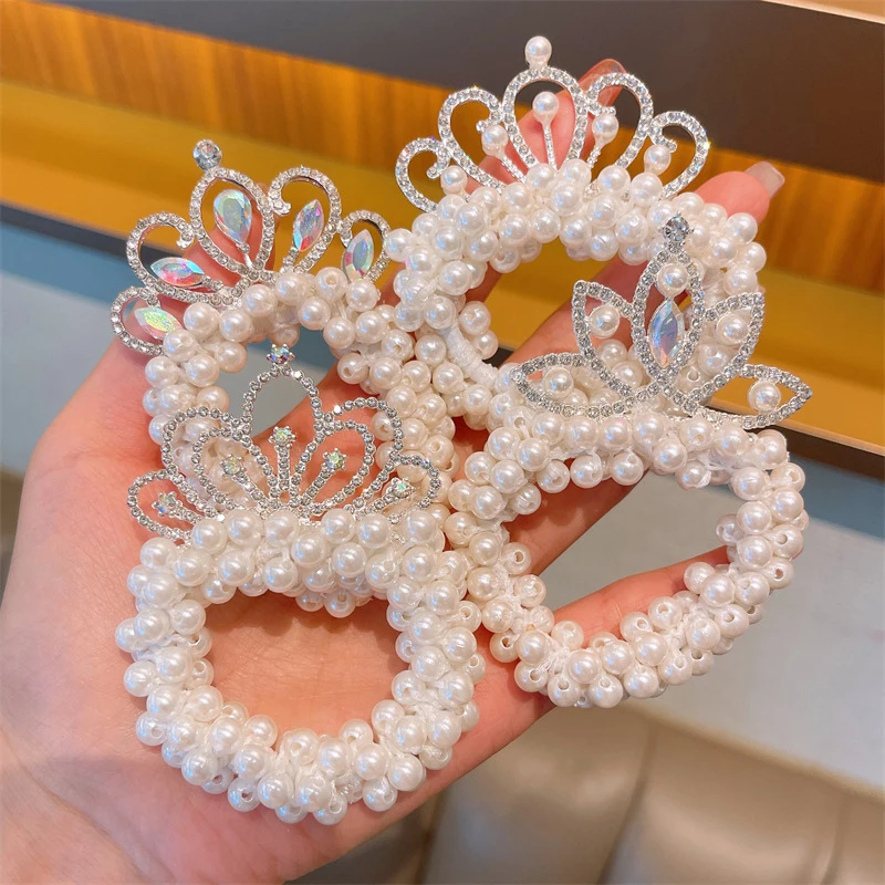 

Summer Children's Crown Hair Ring Girl Ponytail Ball Scrunchies Rubber Band Girl Pearl Gauze Sweet Cute Headdress Wholesale