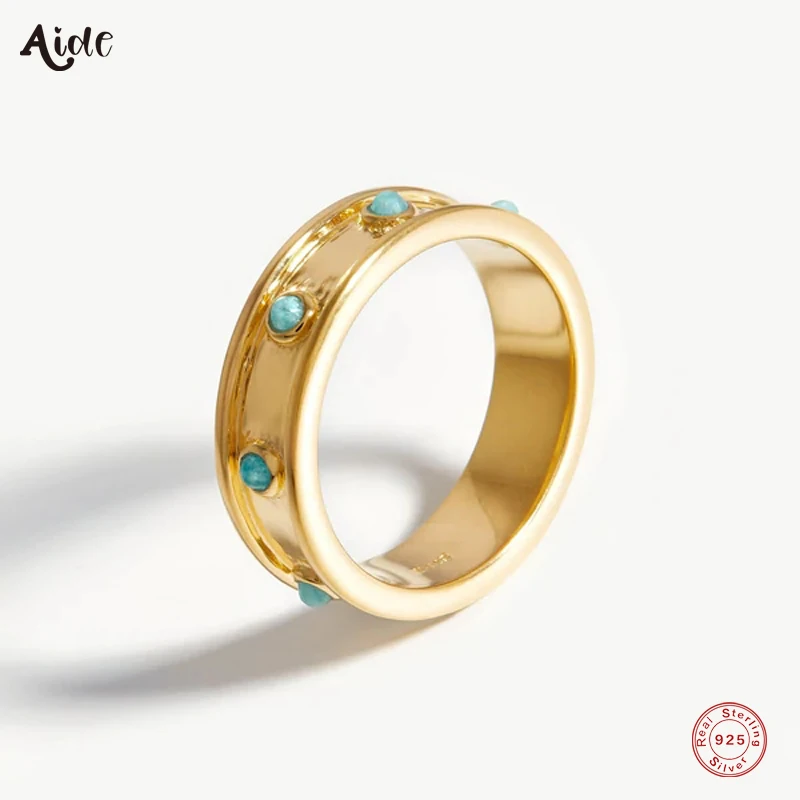 

Aide 925 Sterling Silver Classic Exquisite Wide Circle Turquoise Stackable Finger Ring For Women Boho Trendy Party Fine Jewelry