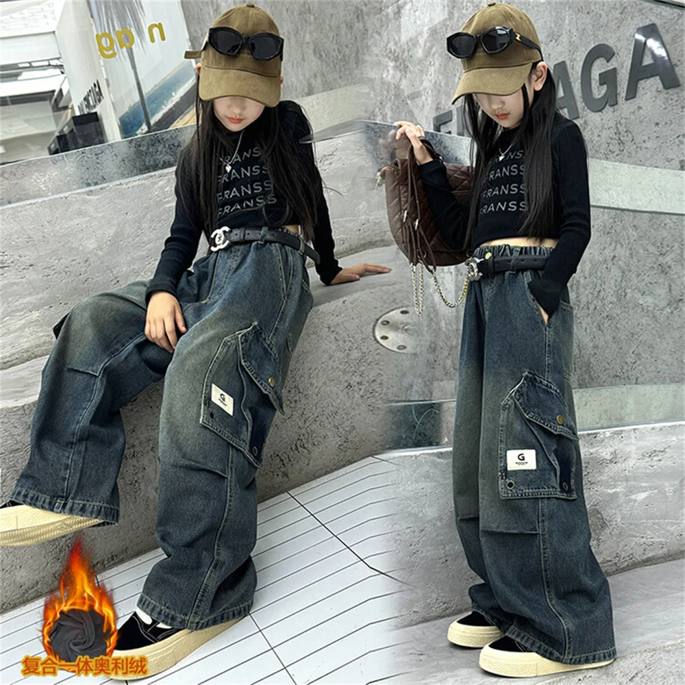 K5503 добавляет бархатные и утолщенные джинсы для девочек широкие брюки детские