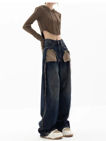 American Streetwear Style High Waist Patchwork Jeans Pants 2023 Fashion Women's Baggy Y2K Wide Leg Denim Trouser Female Clothes