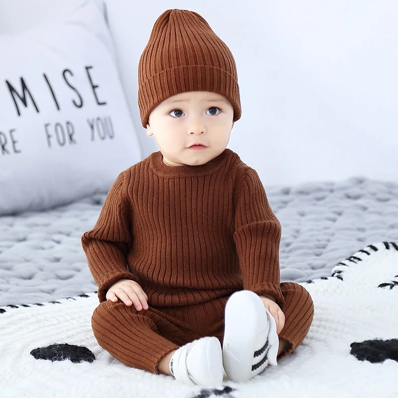 Купи Newborn Baby Sweater Sets 0-3Years Old Boys Girls 3pcs/set Clothing Kids High Quality Pullover Tops+Hat+Sweater Pants Outfits за 1,325 рублей в магазине AliExpress