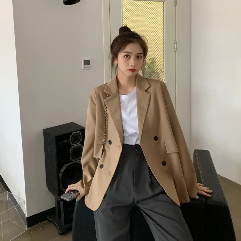 Khaki Blazer Office Lady Lapel Double Breasted Casual Commute Blazers Spring Autumn Thin Loose Suits Elegant Chic Coats Clothing