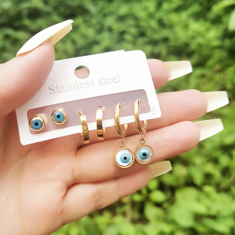 

KIOOZOL Trend Blue evil eye Stainless steel Earrings Set For Women Gold Silver Color jewelry Fashion Jewelry 2022 New 338 KO2