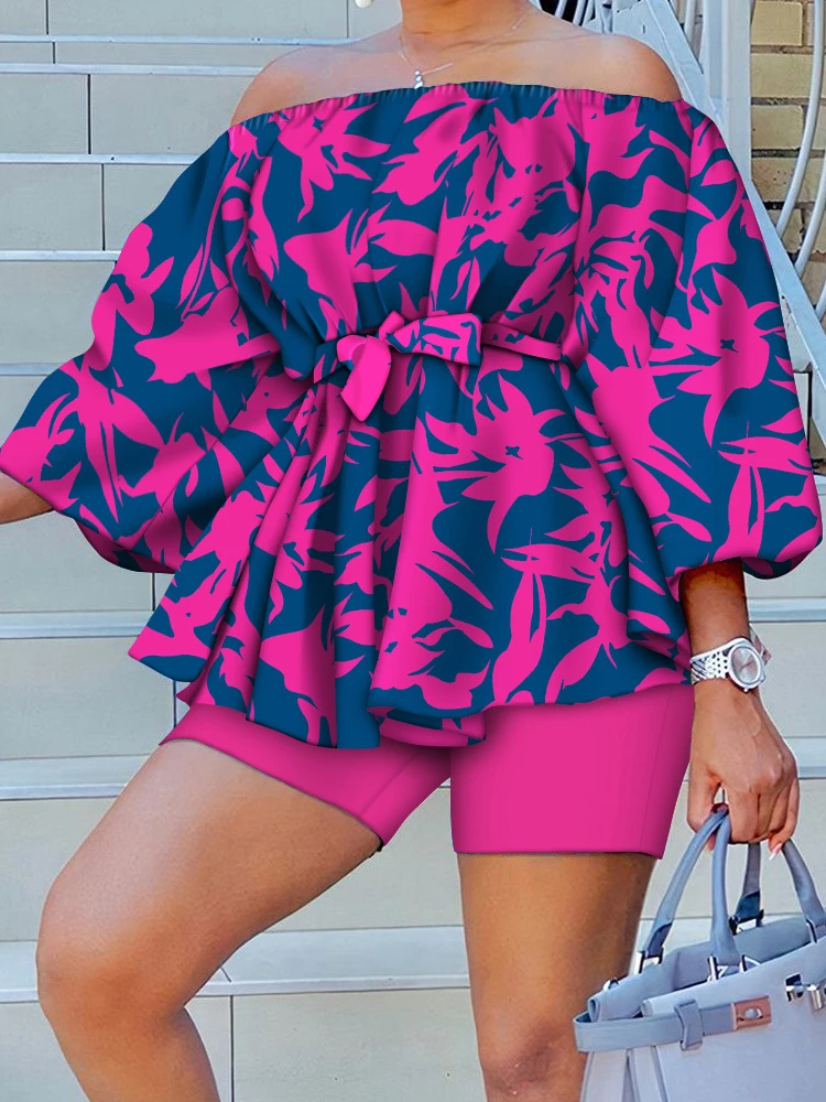 

Elegant 2 Pieces Sets Women Shorts Suits Sexy Fashion Summer Plants Print Off Shoulder Belted Top & Shorts Set