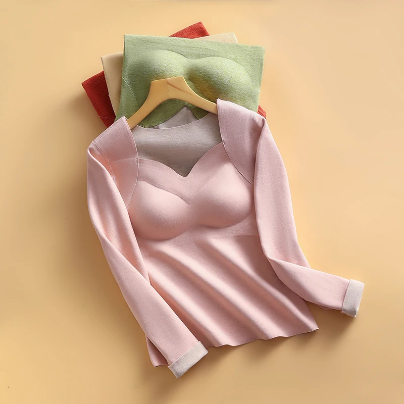 No Trace Velvet Thermal Long Sleeve Women Underwear Plus Bottoming Shirt Tops Woman Thick Autumn Winter Clothes Chest Pad