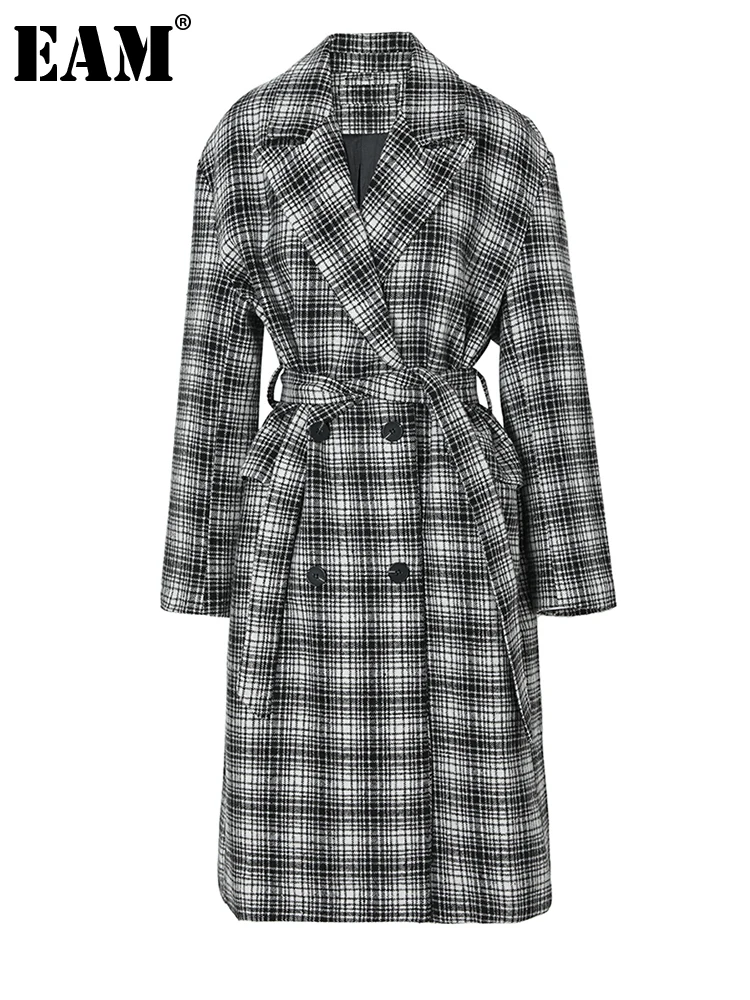 

[EAM] Loose Fit Black Plaid Belted Big Size Long Woolen Coat Parkas New Long Sleeve Women Fashion Autumn Winter 2023 1DF3283