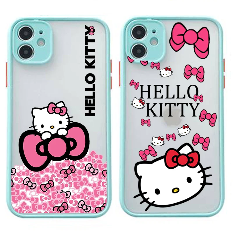 

Cute cartoon Hello Kitty Phone Case For iphone 13 12 11 Pro Max Mini XS 8 7 Plus X SE 2020 XR Matte Transparent Light blue Cover