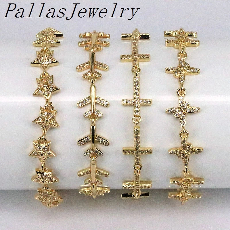 

5Pcs Paved Crystal Gold Plated New Star Butterfly Airplane Plane Chain bracelet Adjustable Charm for Girls Woman Jewelry