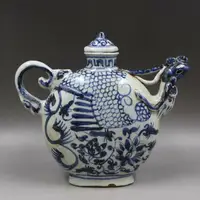 8.7" Chinese Blue and White Porcelain Animal Dragon Phoenix Arabesquitic Teapot