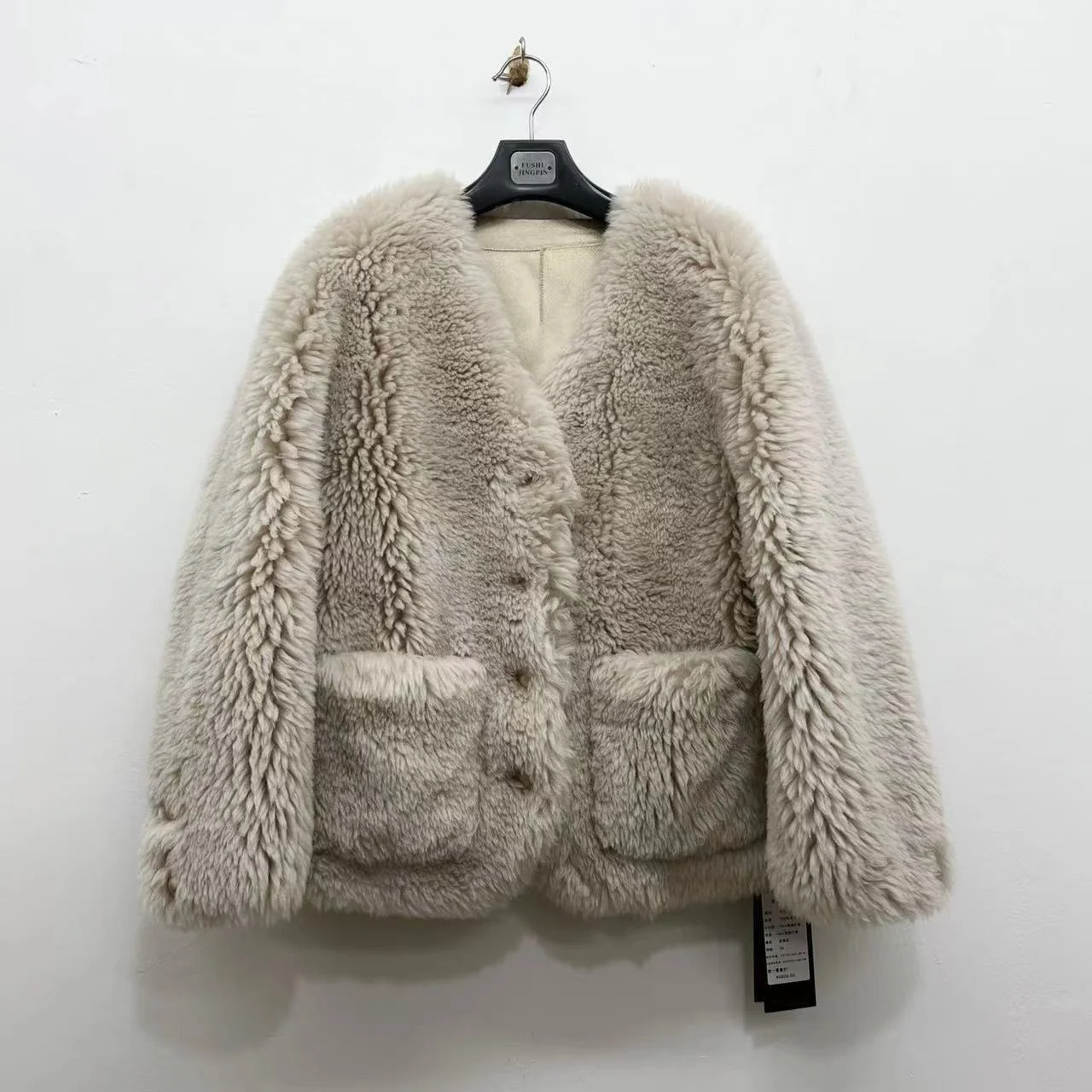 Autumn Women 2023 Winter Fashion Genuine Wool Fur Coats Female Solid Color Warm Outerwear Ladies V-neck Pockets Jackets Q38
