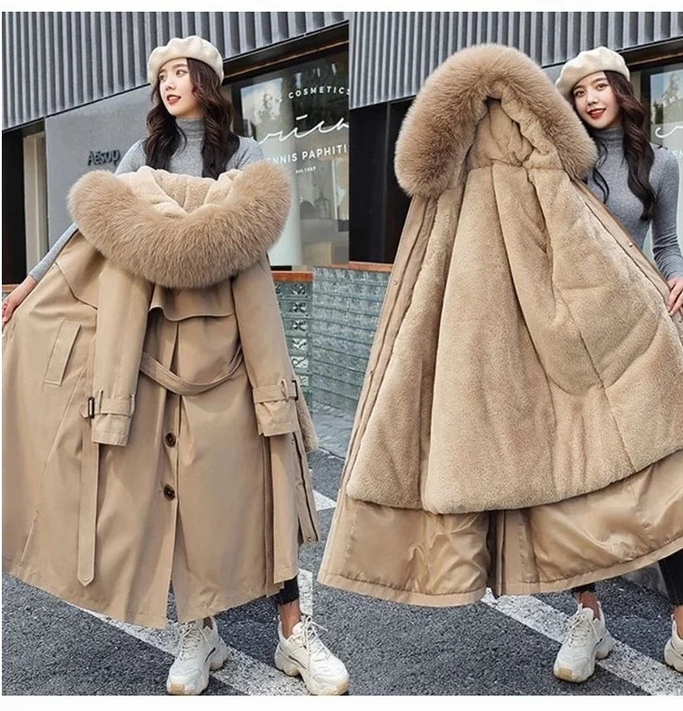 

Women Winter Jacket Hooded X-Long Thick Faux Fur Padded Parkas 2022 Fleece Distachable Coat kurtka puchowa damska z futrem