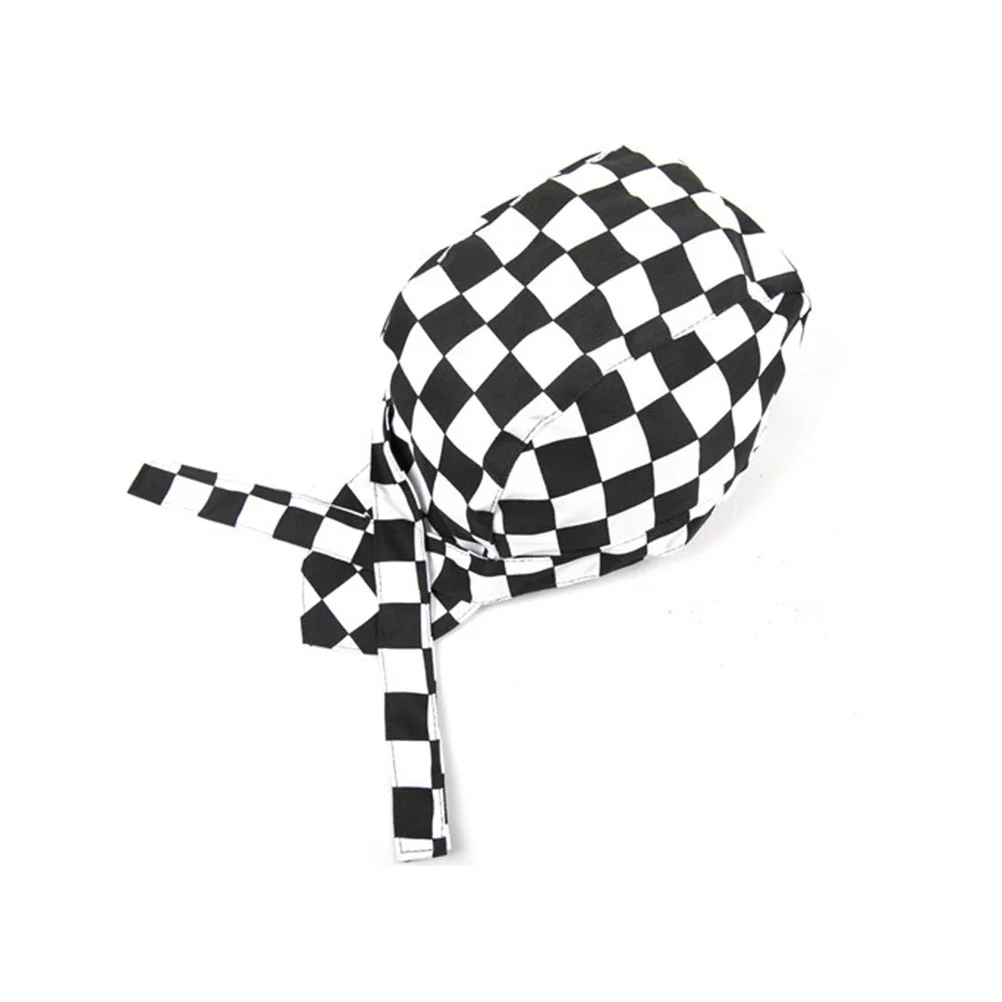 

Fashion Checkered Hat Kitchen Catering Ribbon Turban (Black+White)