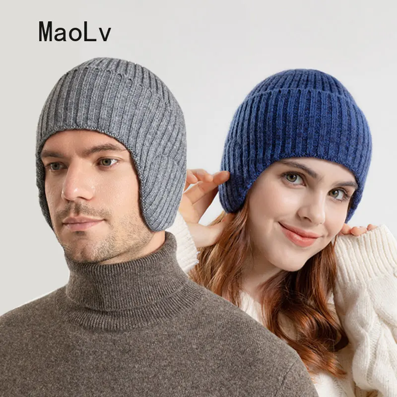Winter Ear Protection Knitted Hat for Men Thickened Knitting Cold Proof Skull Cap Women Outdoor Street Fashion Warm Wool Benines