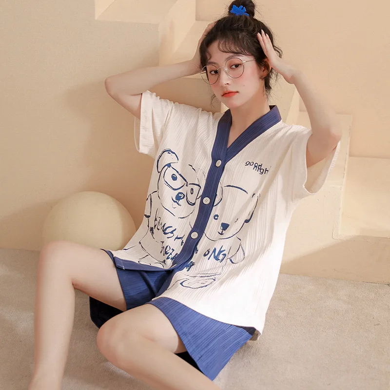 Cotton Women Pajamas Sets Cartoon Pyjamas Female Loungewear Pijamas Short Sleeve Button Down Top Shorts Suit Sleepwear Nightwear