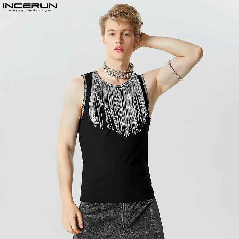 

2023 Men Tank Tops Tassel Patchwork Shiny O-neck Streetwear Sleeveless Vests Party Summer Fashion Men Clothing S-5XL INCERUN 7