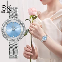 shengke top luxury brand woman watches diamond blue sky womens quartz wristwatches original design mesh strap ladies clock