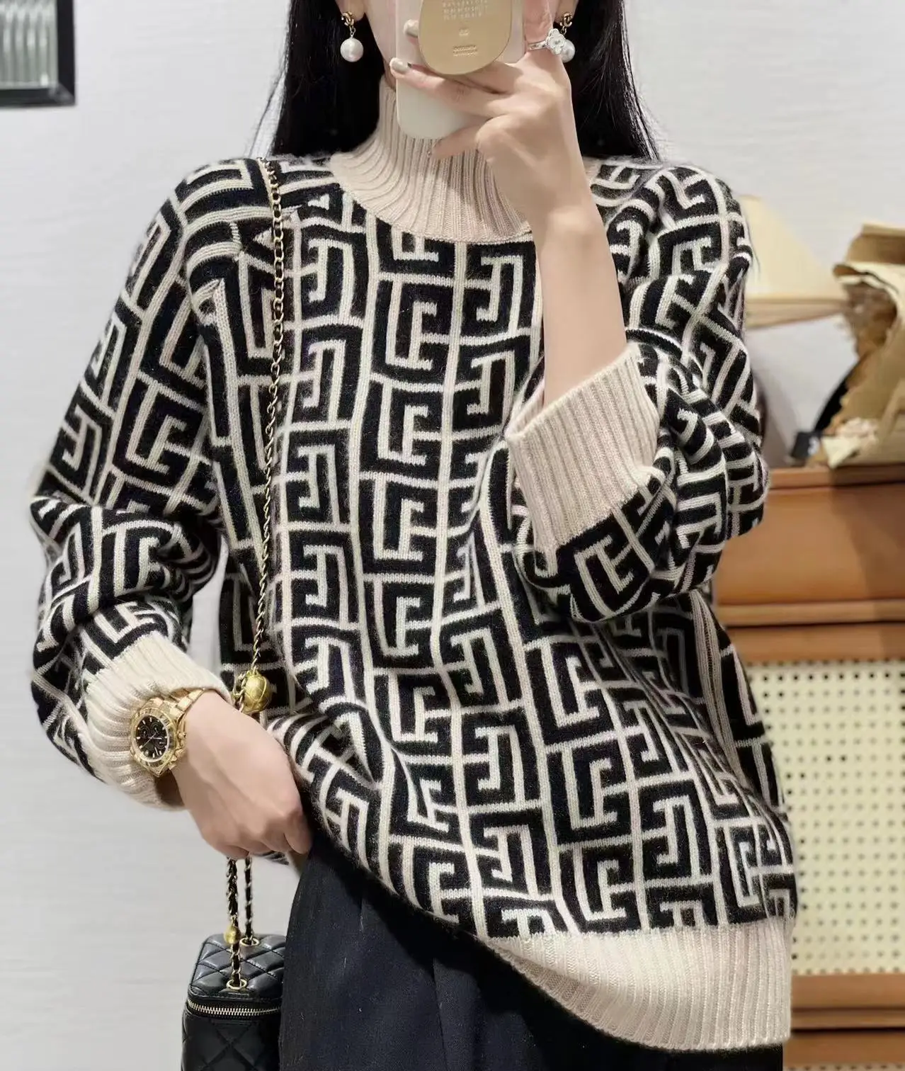 Высококачественный свитер 100% из козы женский свободный с воротником-стойкой на