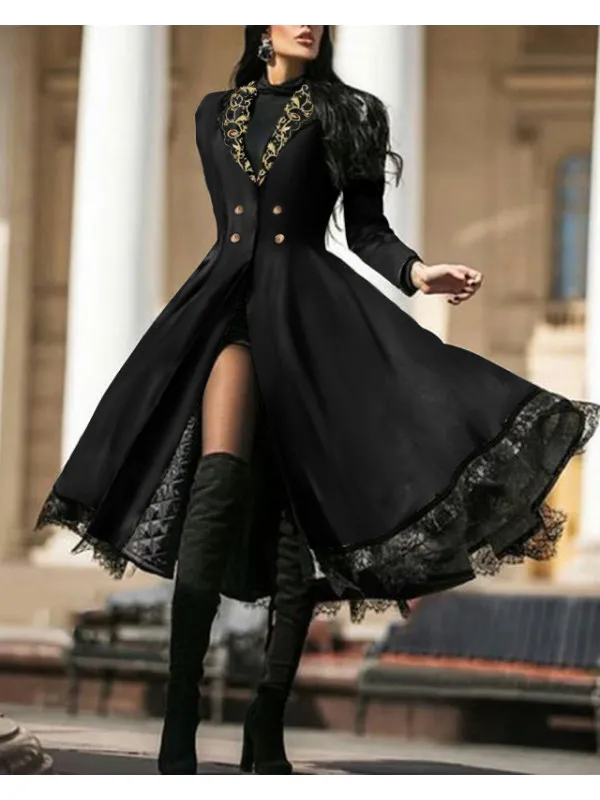 

Elegant women button long sleeve lace patchwork split midi dress sukienka black gothic dress 2020 fall dresses for women party