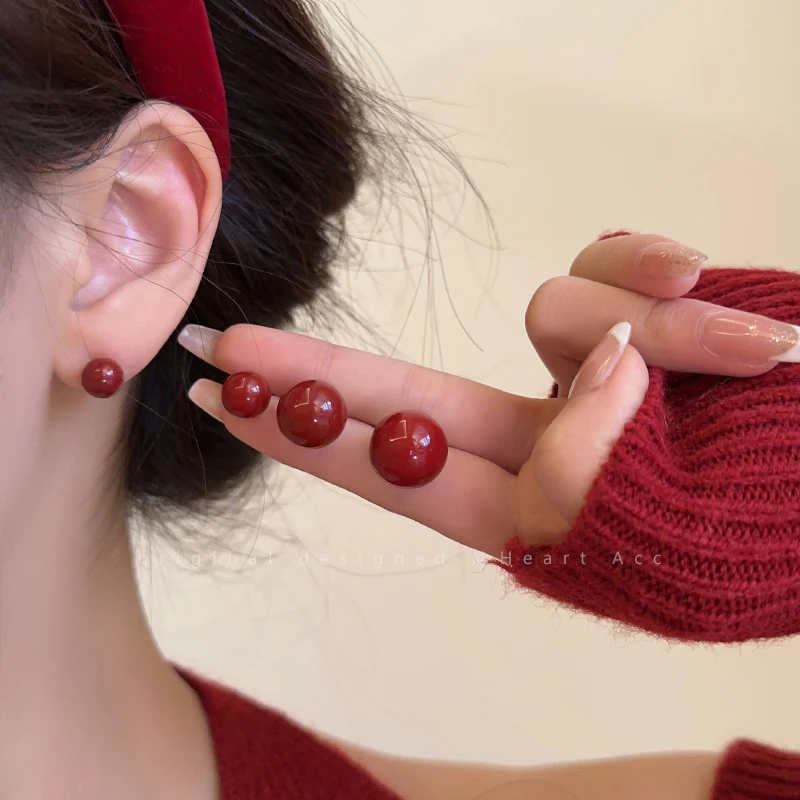 

2023 New Red Color Imitation Pearl Women's Earrings Korean Simple Retro Style Earrings Jewelry Gift Free Shipping Wholesale