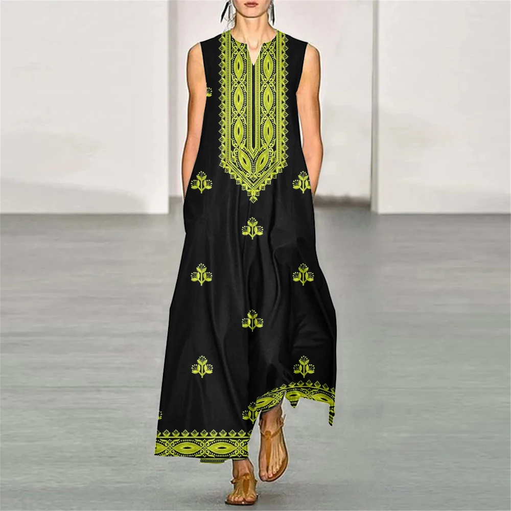 Женское платье-макси с V-образным вырезом Свободное длинное платье без рукавов