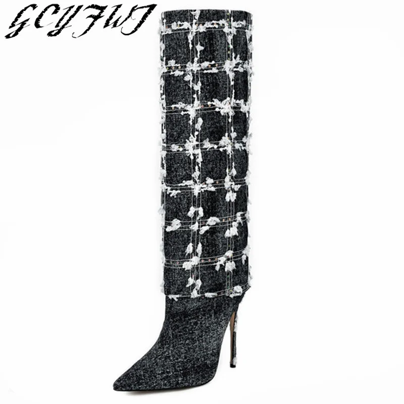 Women Long Shoes Denim Fashion Pointed Toe Slip-on Elegant Knee High Boots Thin Heels Black Blue Outdoor Female Footwear 35-43