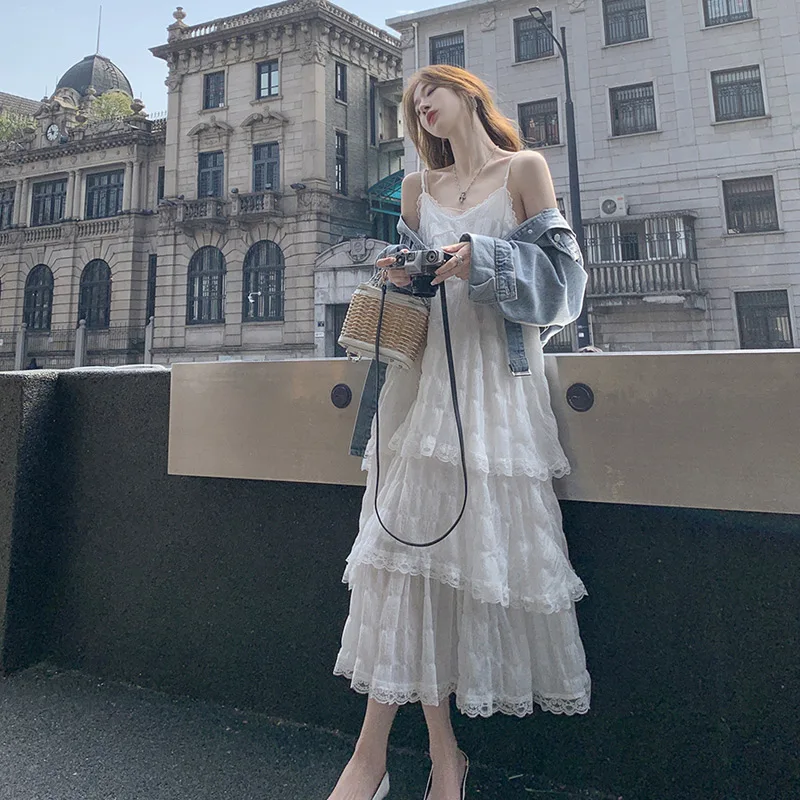 

Summer New V Neck Mid Length Slip Cake Dress Sleeveless Solid Color Loose Beach Resort Dresses Fashion Korean Women Clothing