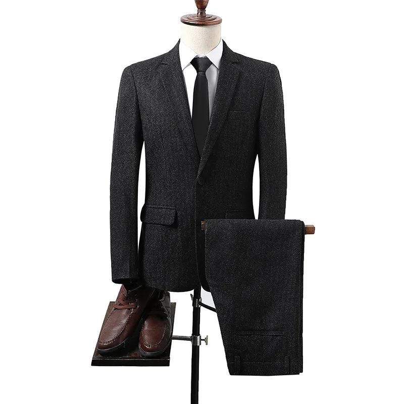 Британский модный мужской костюм, черный, темно-синий, темно-серый, высококлассный деловой Повседневный облегающий костюм из 2 предметов, свадебный пиджак, жакет и брюки 