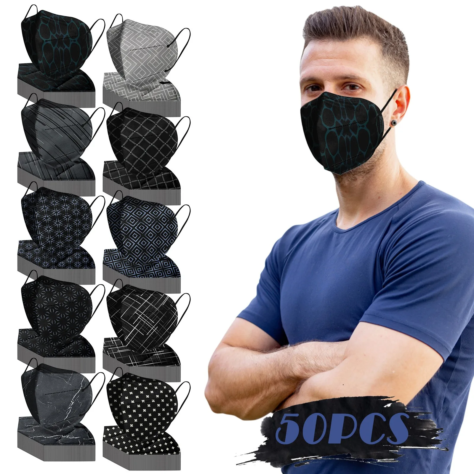 

Маска для взрослых одноразовая черная с геометрическим принтом, 50 шт.