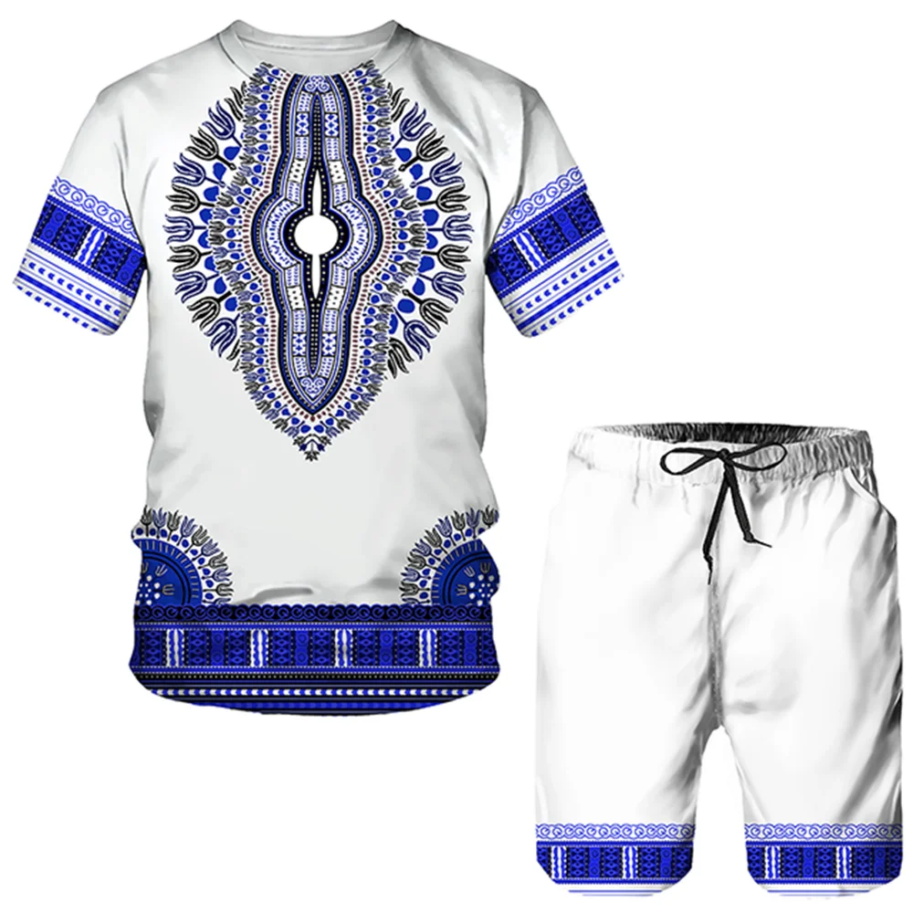 Indian Style Pattern Printing Summer Men's T Shirt Loose O-neck Short SleeveTop Casual Comfortable Short 2 Piece Outfit Clothing