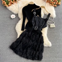 autumn black stand collar tight fitting knitted bottoming shirt two piece suit high waist stitching furry fringed strap dress