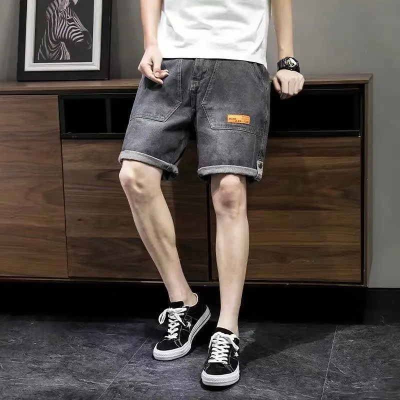 Streetwear Vintage Denim Shorts Men Knee Length Jeans Summer Fashion Pocket Stitching Jeans Men Mid Waist Denim Straight Shorts