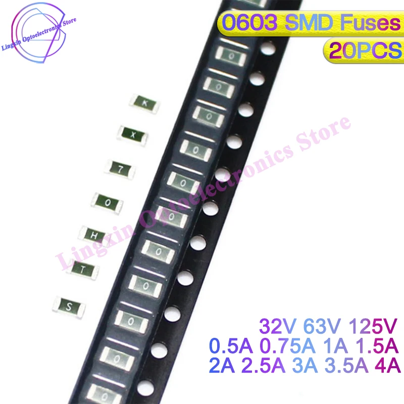 20pcs One Time Positive Disconnect SMD Restore Fuse PPTC 0603 32V 63V 125V 0.5A 0.75A 1A 1.5A 2A 2.5A 3A 3.5A 4A Fast Acting