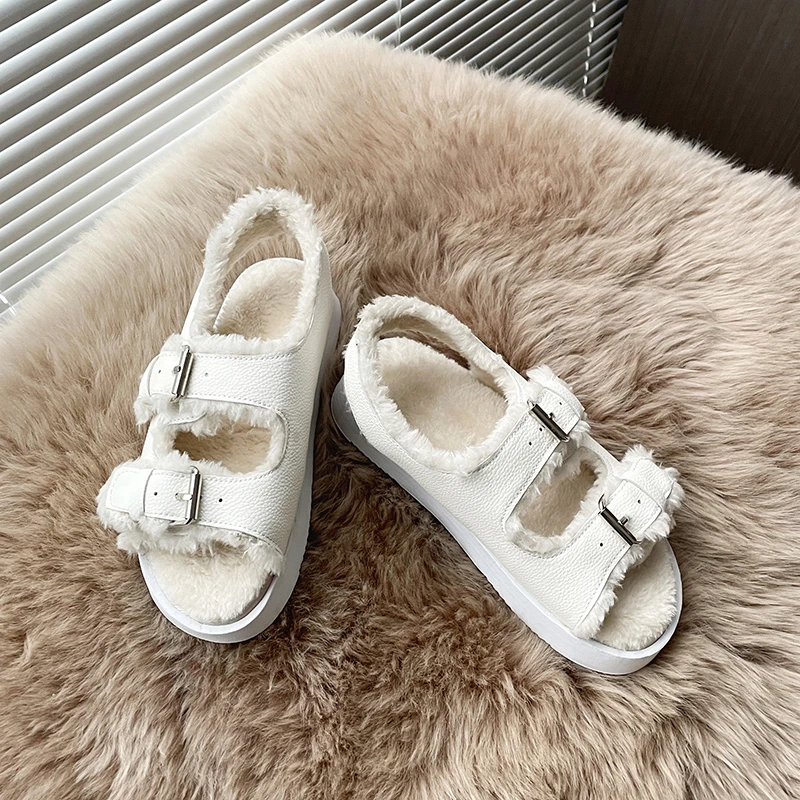 Women Wool Furry Fur Sandals Double Buckle Band Cotton Sandales Female Winter Shoes Celebrity Add Cashmere Sandalias Mujer 2021