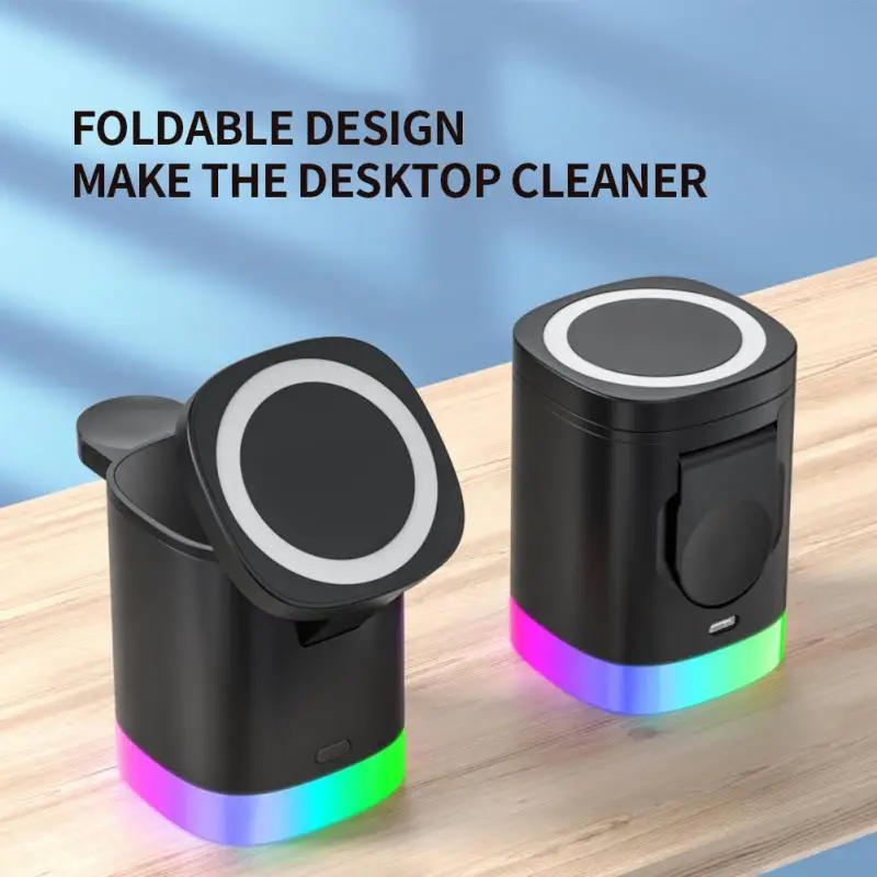 

Fast Charging Wireless Charger 3-in-1 Charging Station With Rgb Light 15w For Iphone 14 13 12 Pro Max Stand Dock Magnetic