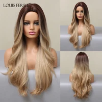 louis ferre honey brown wigs for women long body wavy ombre blonde wig middle part synthetic heat resistant wigs daily party use
