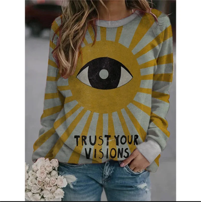 

Autumn Funny Eyes Print Hoodies Women Tops Long Sleeve O-Neck Female Loose Patchwork Pullover Girl Vintage Hoodless