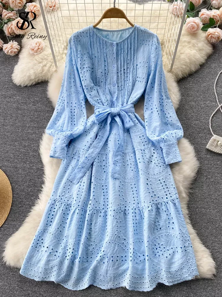 

SINGREINY Summer Korean Style Women Dress 2022 Sashes Lantern Sleeves O Neck Elegant Vacation Ladies A Line Beach Long Dresses