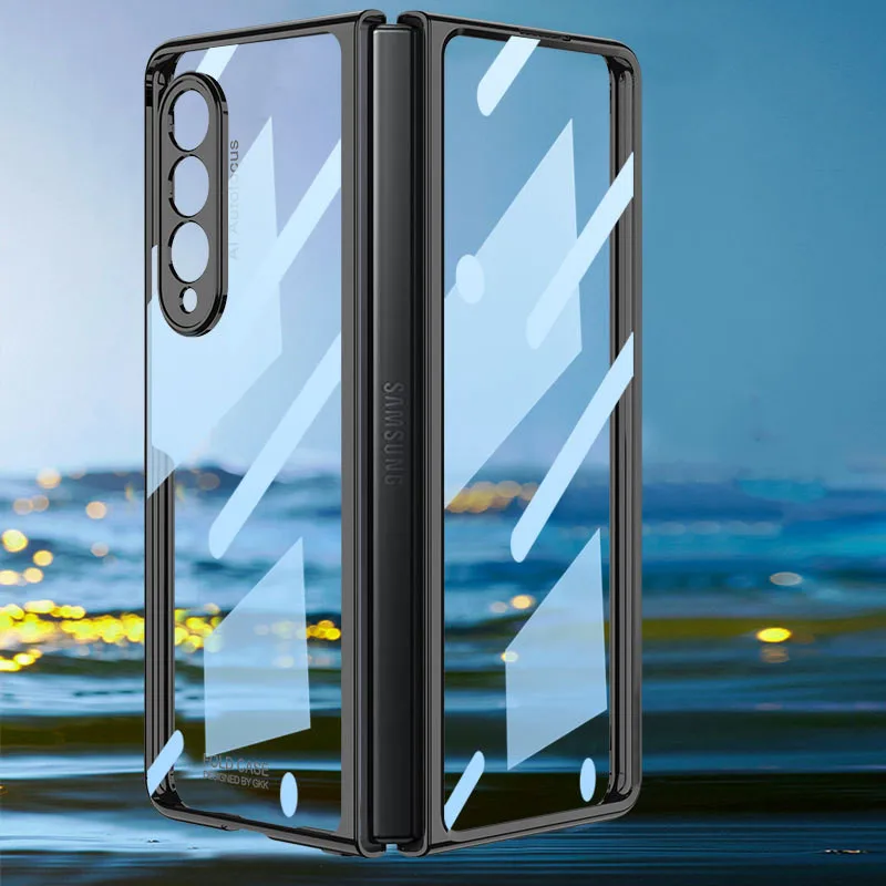 

Transparent Plating Case for Samsung galaxy Z Fold 3 Cover With Front Protective Glass Hard Plastic Cover With S Pen Slot Holder