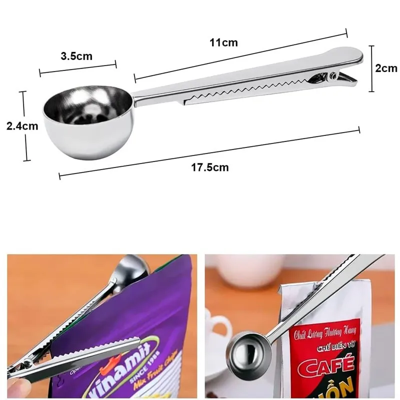 

2 In 1 Stainless Steel Coffee Scoop with Clip Multi-Function Spoon Bag Sealing Clip for Coffee Beans Tea Leaves Kitchen Tools