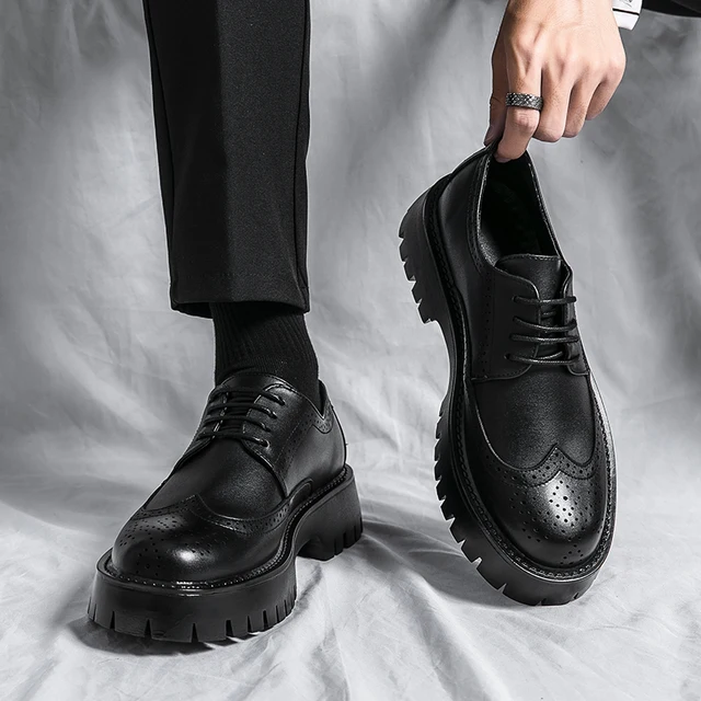 British Style Brogue Shoes for Men Business Casual Fashion Commute Thick Sole Leather Shoes Male Platform Wedding Dress Shoes 4