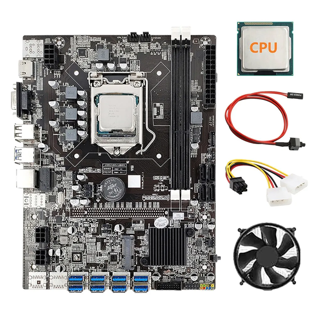 B75 8 GPU BTC Mining Motherboard+CPU+Fan+Power Cable+Switch Cable 8 USB3.0 to PCIE Slot LGA1155 DDR3 RAM SATA3.0 for ETH