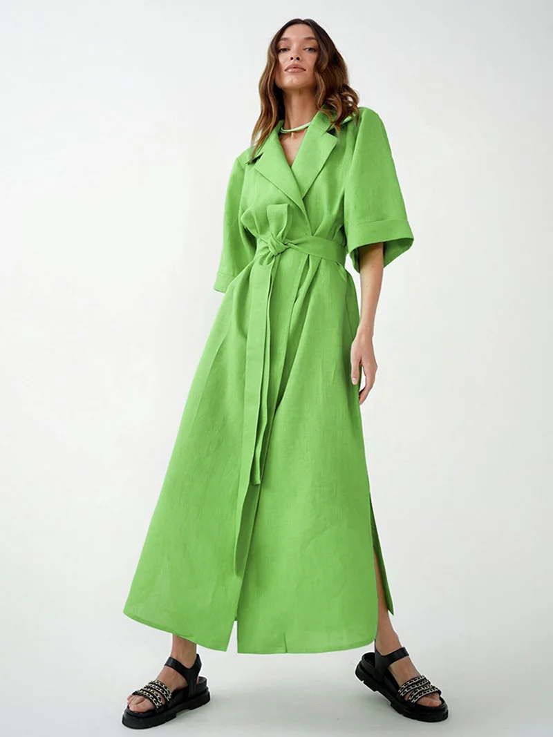 

2022 Summer Spring Women Cotton Linen Robe Midi Dress Lace Up V-neck Solid Blue Short Sleeve Loose Fit Flare Slit Wrap Dress