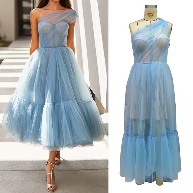 

2023 New Lady Sexy One Shoulder Prom Dresses A-Line Elegant Corset Formal Midi Party Gowns