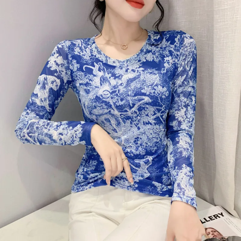 

#8089 Сетчатая футболка с принтом Tie Dye, Женская пикантная облегающая футболка с длинным рукавом и круглым вырезом, Женская винтажная эластичная сетчатая короткая футболка для дам