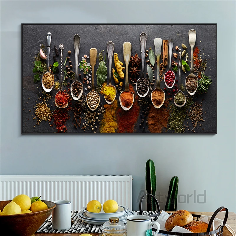 

Кухонная тема Настенная картина на холсте красочные постеры для специй и ложек в столе печать пищи ингредиенты картины декор