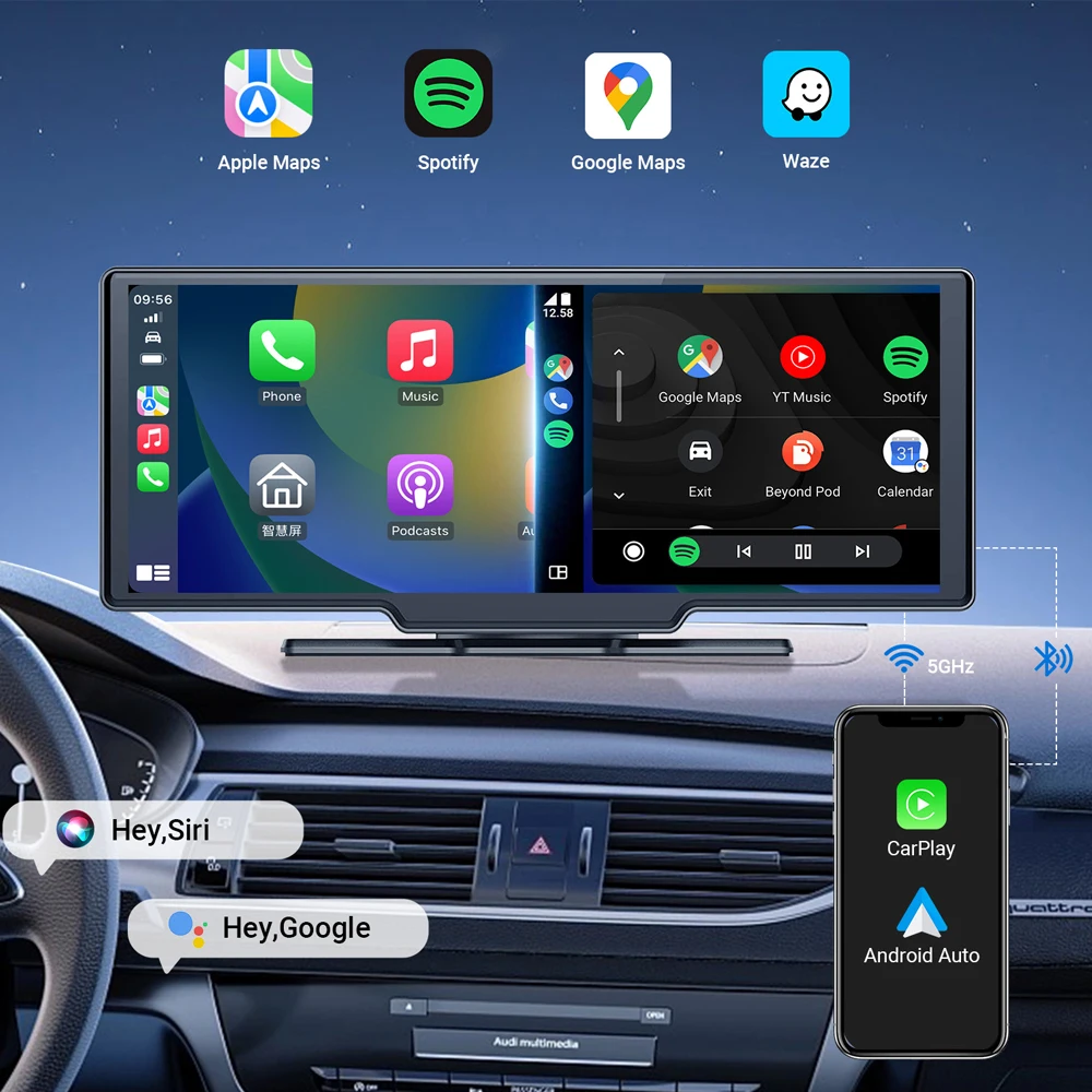 OttoScreen 10'' Car Touch Screen Wireless Carplay Android Auto Portable Dash Cam Rearview Camera DVR GPS Video Radio Multimedia