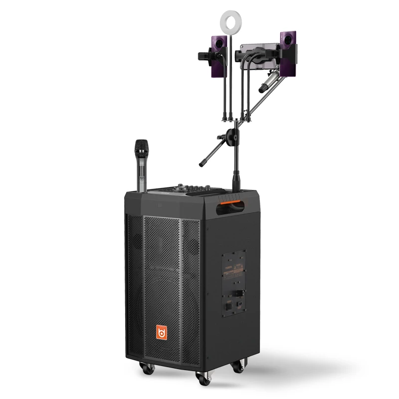 

Karaoke Trolley Speaker Live Broadcast Equipment Set LED Touch Screen with Wheels, Lighting Lamp, Phone Holder, Mic