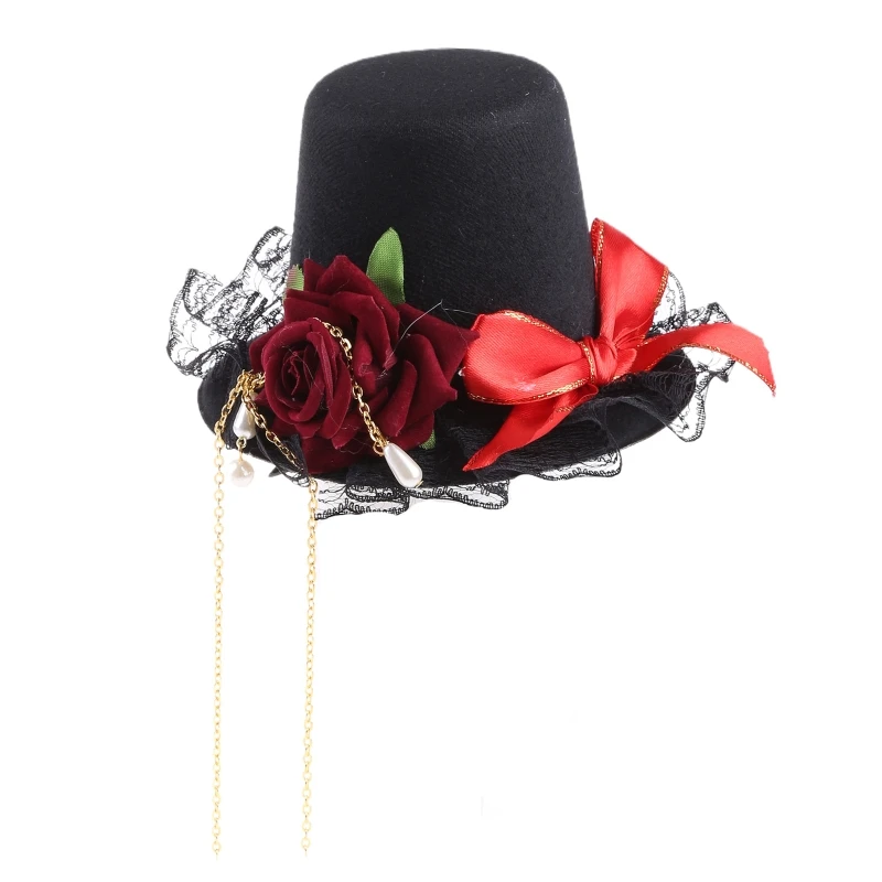 

MXMB Girls Gothic Rose Hat Headwear Vintage Lace Top Hat Lolita Lace Bow Hairband